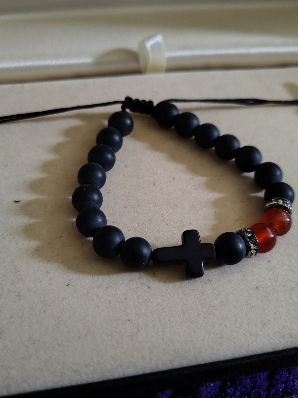Gemstone Beaded Cross Bracelet - Matte Onyx & Red Agate